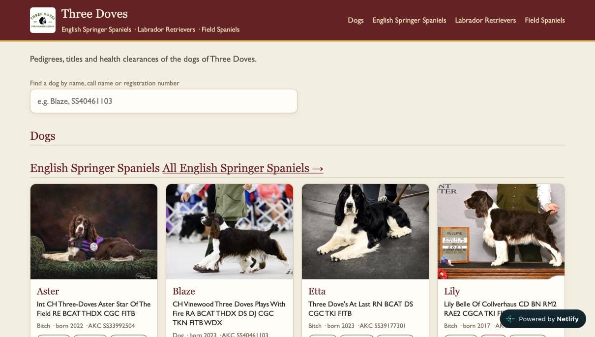 The Three Doves site, with a section for each breed.