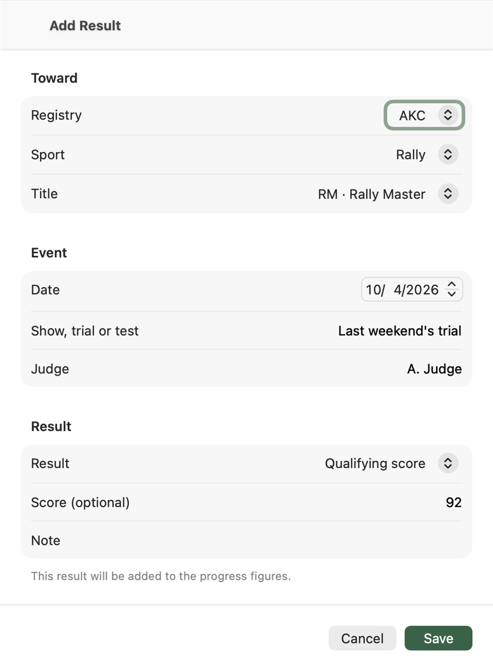 A qualifying score from last weekend, entered by hand and counted toward Rally Master.